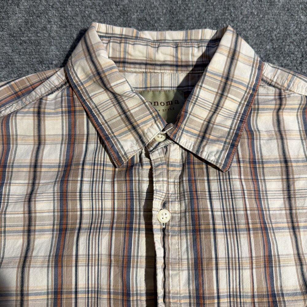 Sonoma Shirt Mens Large Beige Plaid Button Front Short Sleeve Cotton Pocket